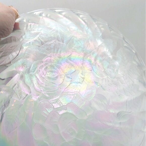 Iridescent Clear Carnival Glass Rose Round Swirl Scalloped Rainbow Platter - Picture 6 of 7